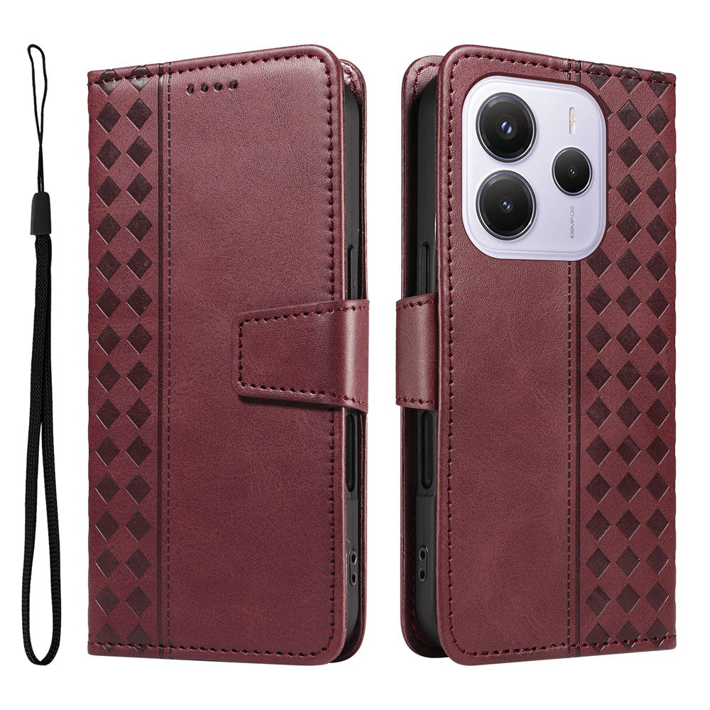 For Xiaomi Redmi Note 14 4G (164.84mm) Leather Case Wallet Stand Grids Imprinted Phone Cover with Strap