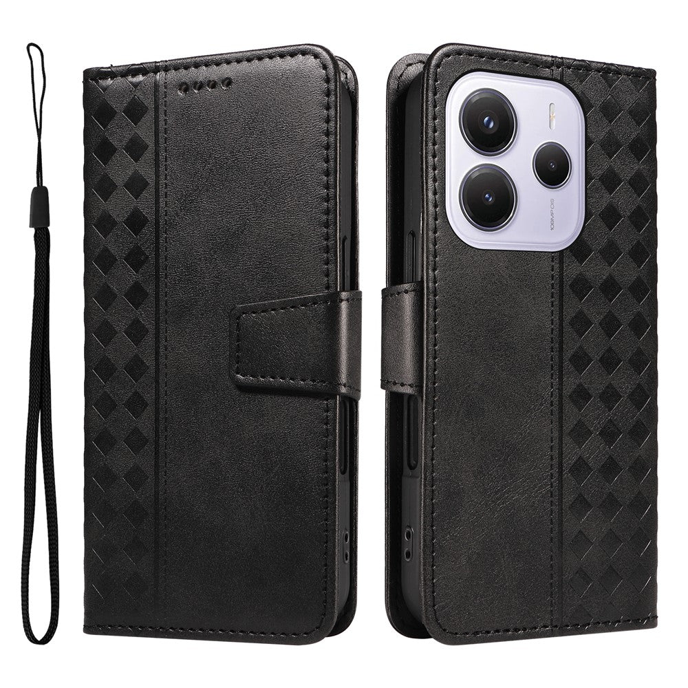 For Xiaomi Redmi Note 14 4G (164.84mm) Leather Case Wallet Stand Grids Imprinted Phone Cover with Strap