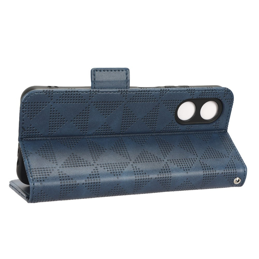 For Oppo A17 4G Imprinted Triangle Pattern PU Leather Stand Case Shockproof Phone Wallet Cover with Hand Strap