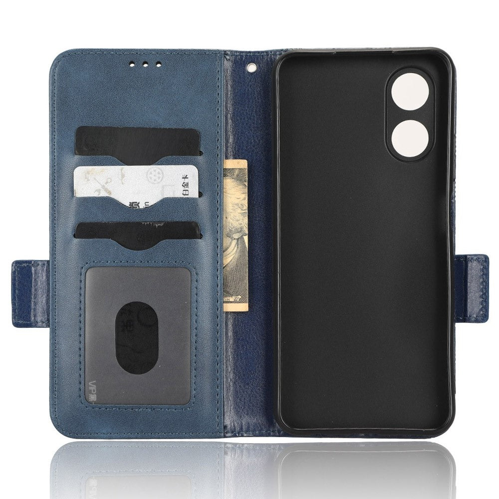 For Oppo A17 4G Imprinted Triangle Pattern PU Leather Stand Case Shockproof Phone Wallet Cover with Hand Strap