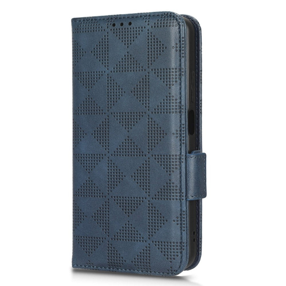 For Oppo A17 4G Imprinted Triangle Pattern PU Leather Stand Case Shockproof Phone Wallet Cover with Hand Strap