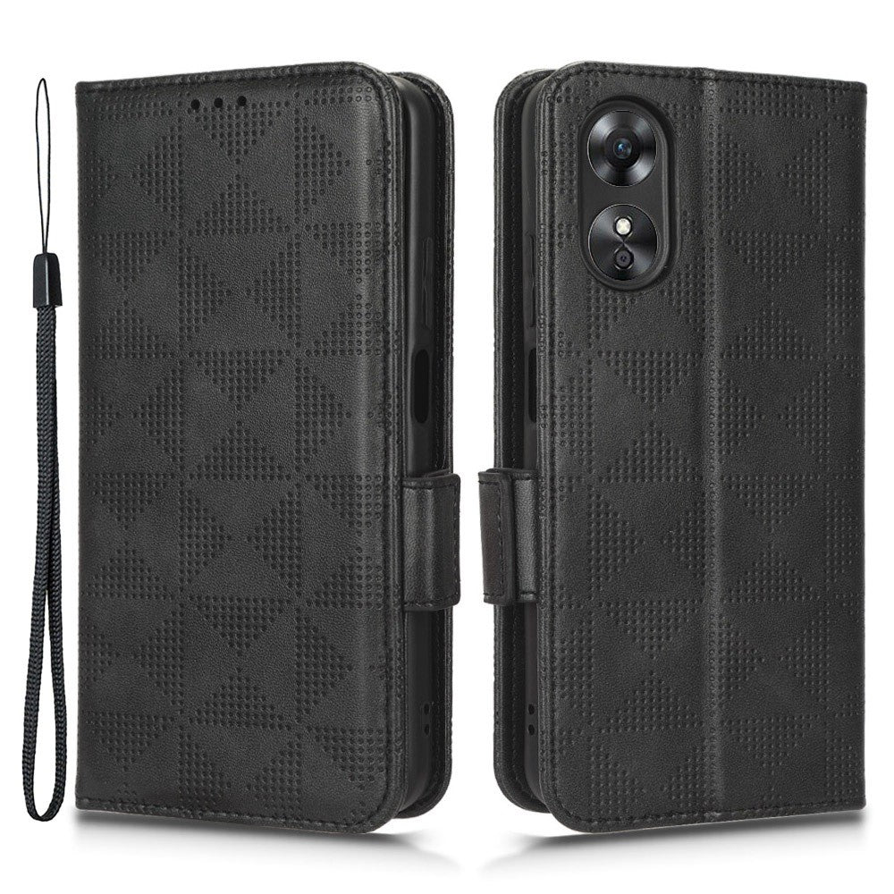 For Oppo A17 4G Imprinted Triangle Pattern PU Leather Stand Case Shockproof Phone Wallet Cover with Hand Strap