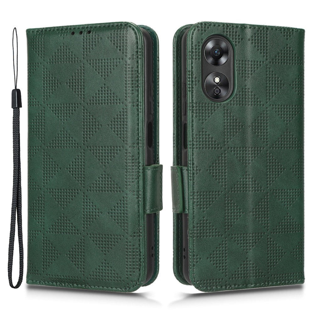 For Oppo A17 4G Imprinted Triangle Pattern PU Leather Stand Case Shockproof Phone Wallet Cover with Hand Strap