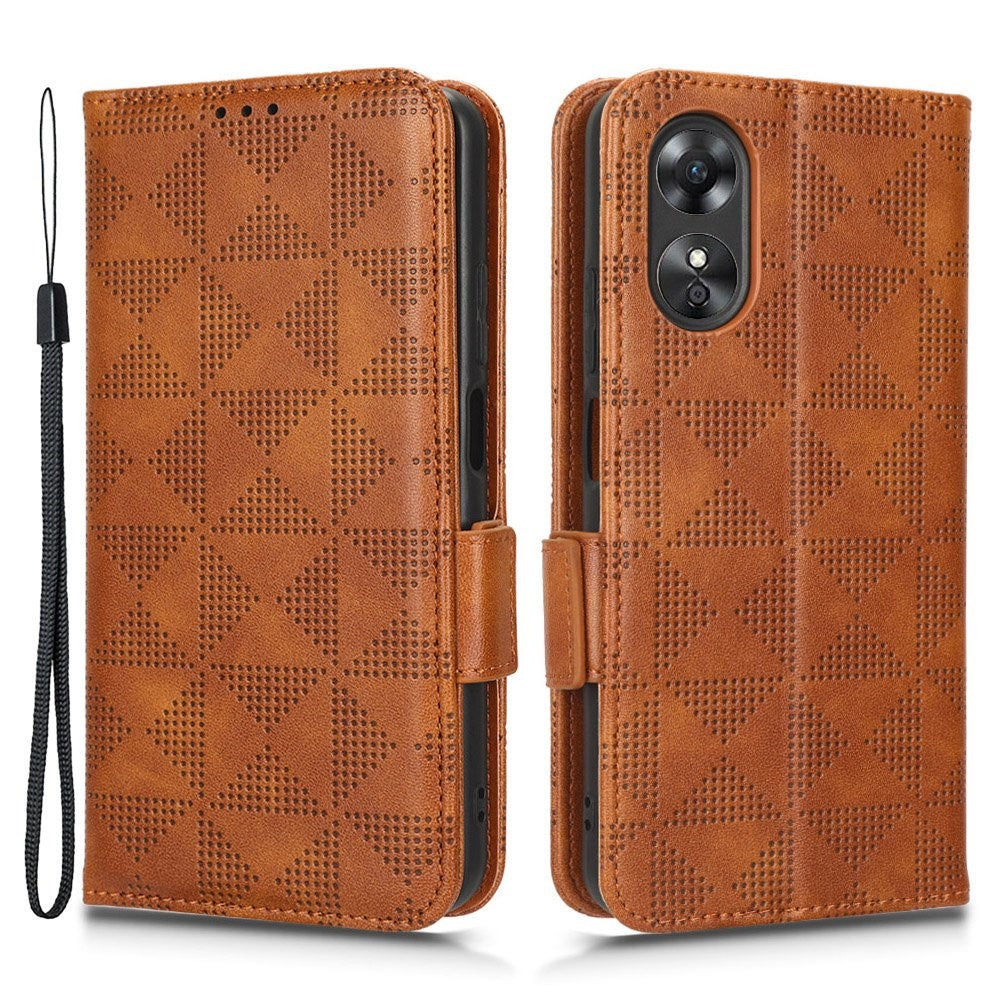 For Oppo A17 4G Imprinted Triangle Pattern PU Leather Stand Case Shockproof Phone Wallet Cover with Hand Strap