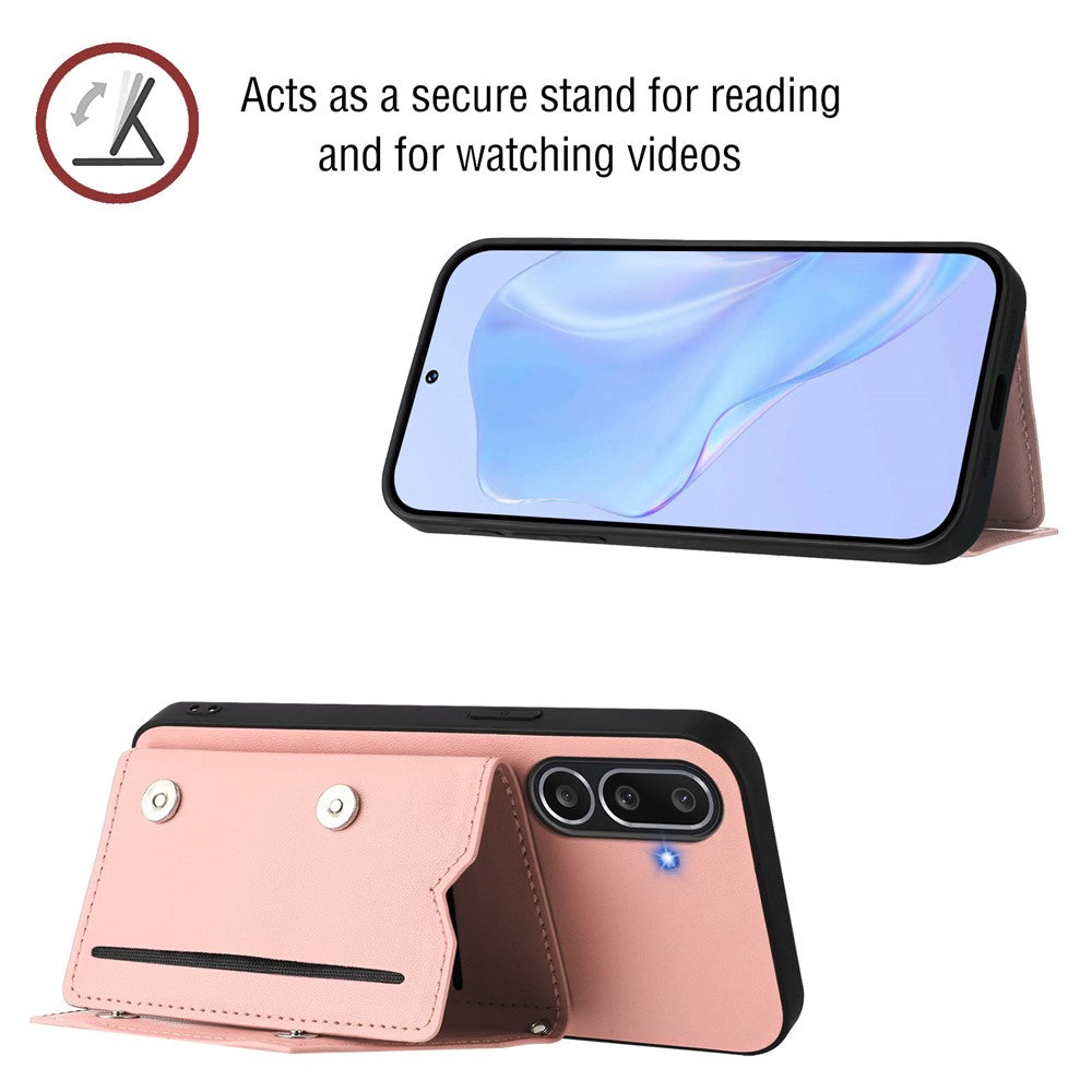 For Samsung Galaxy M56 5G Case Card Holder Kickstand Skin-Touch Phone Cover with Wrist Strap