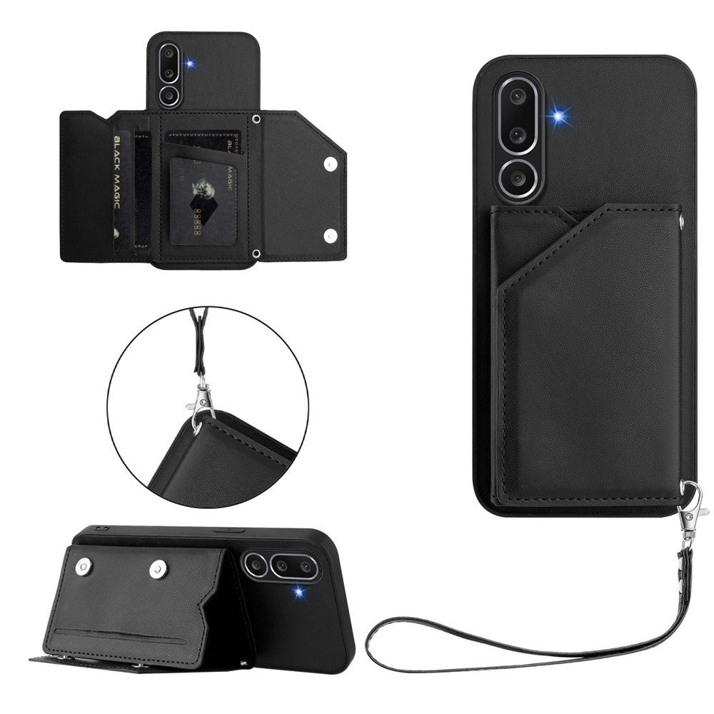 For Samsung Galaxy M56 5G Case Card Holder Kickstand Skin-Touch Phone Cover with Wrist Strap