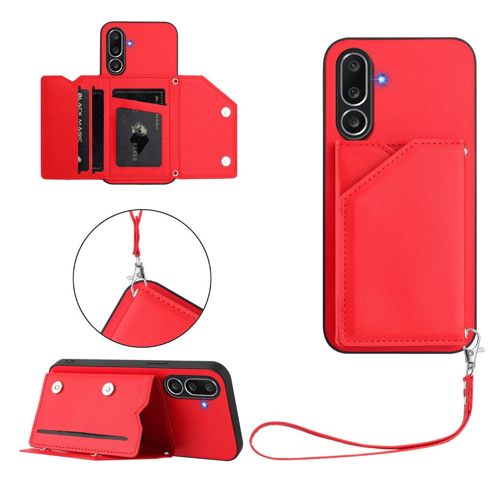 For Samsung Galaxy M56 5G Case Card Holder Kickstand Skin-Touch Phone Cover with Wrist Strap