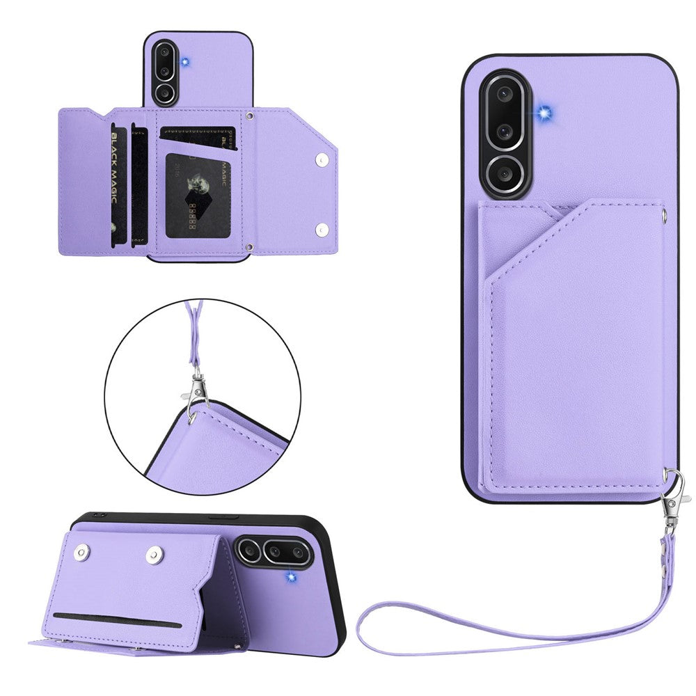 For Samsung Galaxy M56 5G Case Card Holder Kickstand Skin-Touch Phone Cover with Wrist Strap