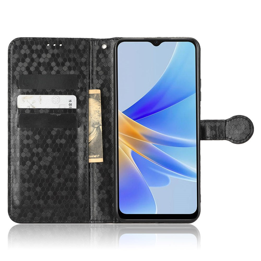 Oppo A17 4G Prickmönster Präglat Plånboksfodral PU-läder Stativ Reptåligt mobilfodral med Rem