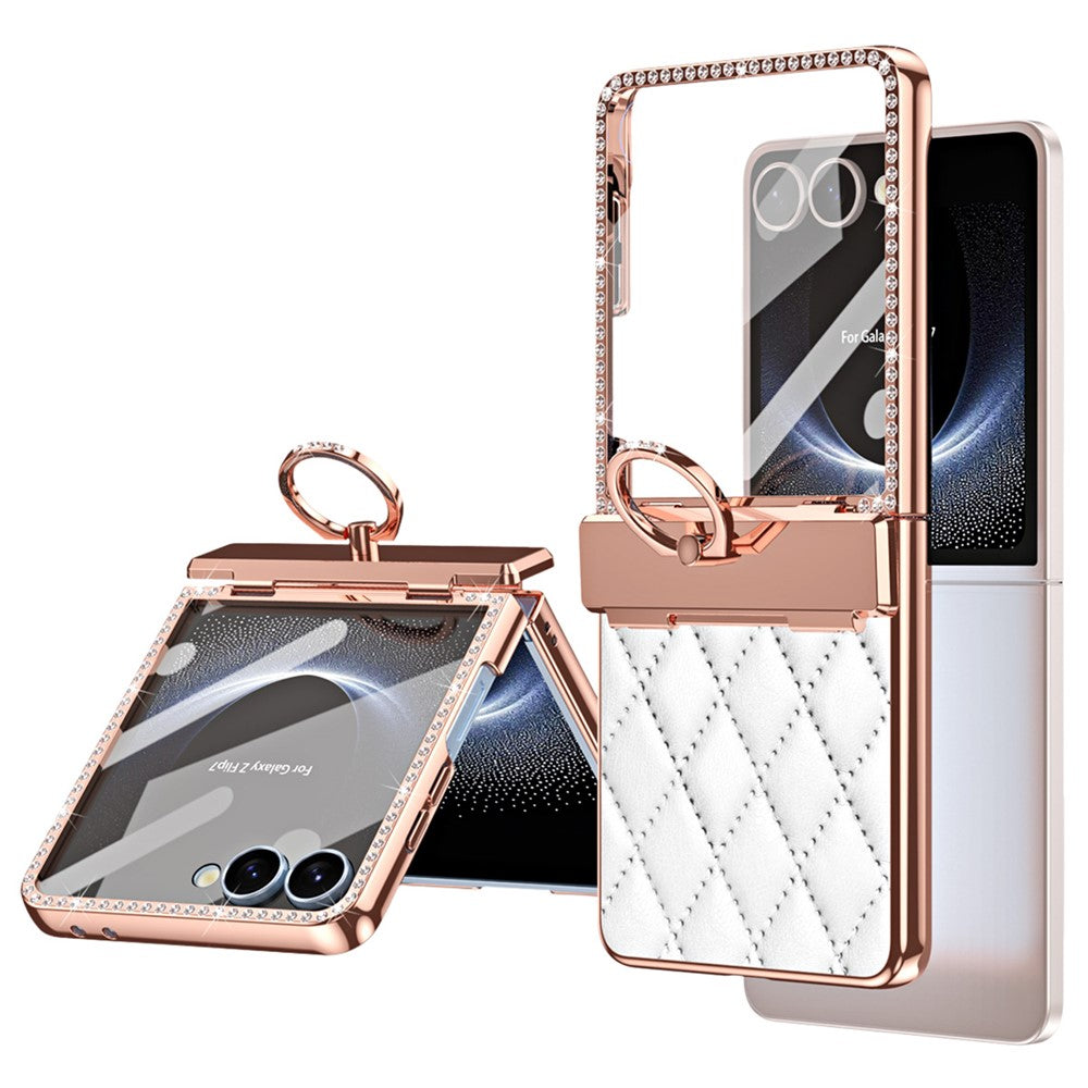 Samsung Galaxy Z Flip7 5G-skal med ringhållare, strassdekor, läder + PC-skal med bakre skärmfilm