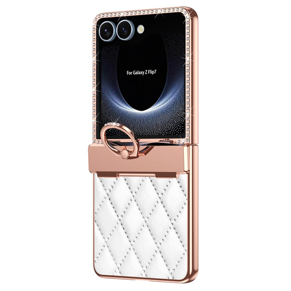 Samsung Galaxy Z Flip7 5G-skal med ringhållare, strassdekor, läder + PC-skal med bakre skärmfilm