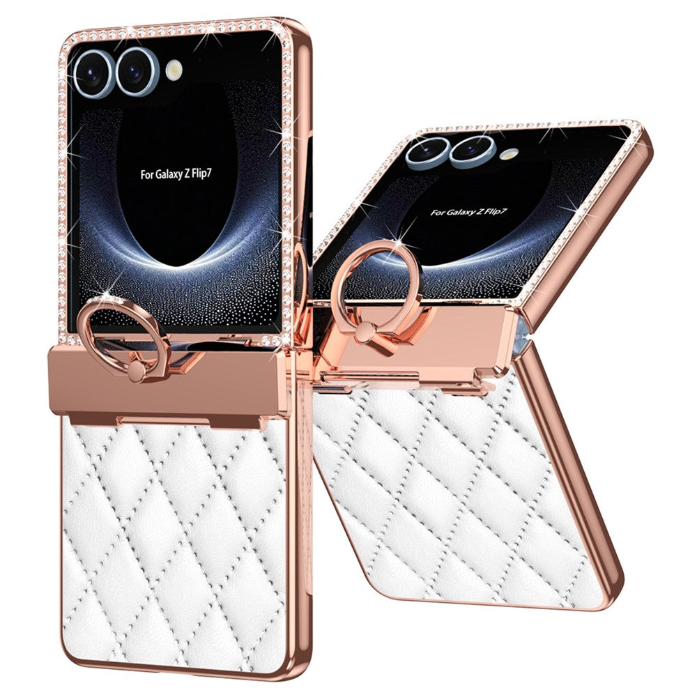 Samsung Galaxy Z Flip7 5G-skal med ringhållare, strassdekor, läder + PC-skal med bakre skärmfilm