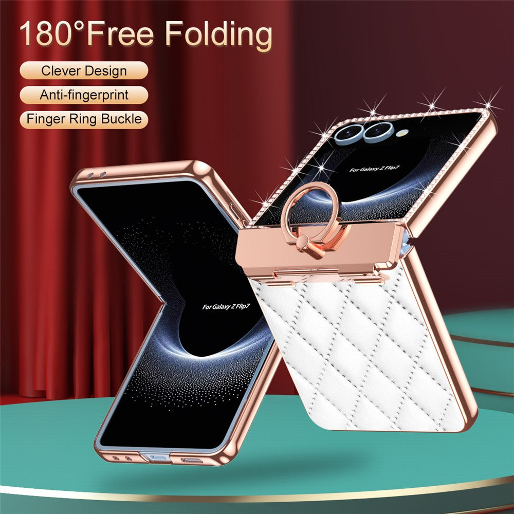 Samsung Galaxy Z Flip7 5G-skal med ringhållare, strassdekor, läder + PC-skal med bakre skärmfilm