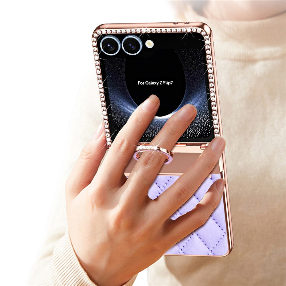 Samsung Galaxy Z Flip7 5G-skal med ringhållare, strassdekor, läder + PC-skal med bakre skärmfilm