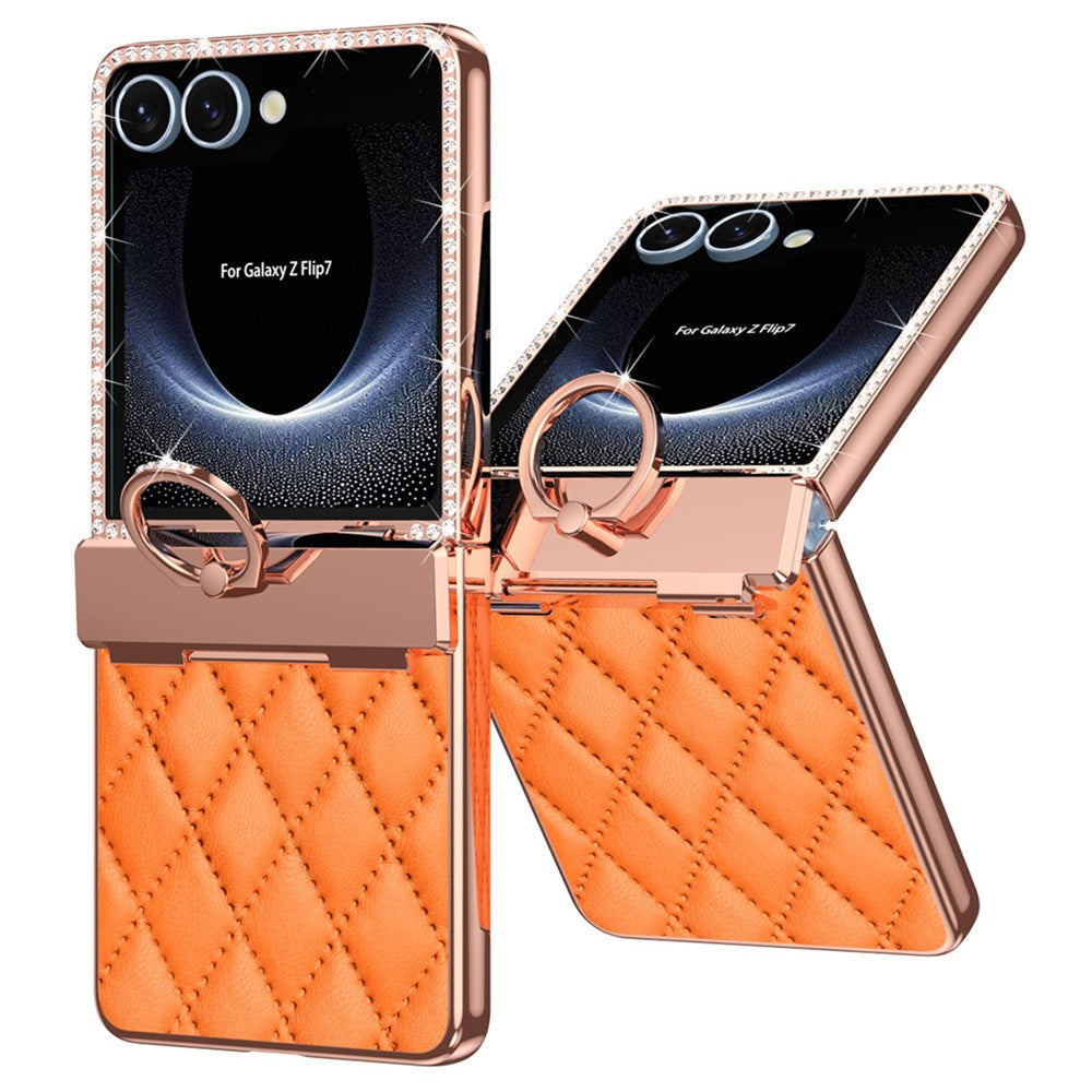 For Samsung Galaxy Z Flip7 5G Case Rhinestone Decoration Ring Holder Rhombus Leather + PC Phone Cover