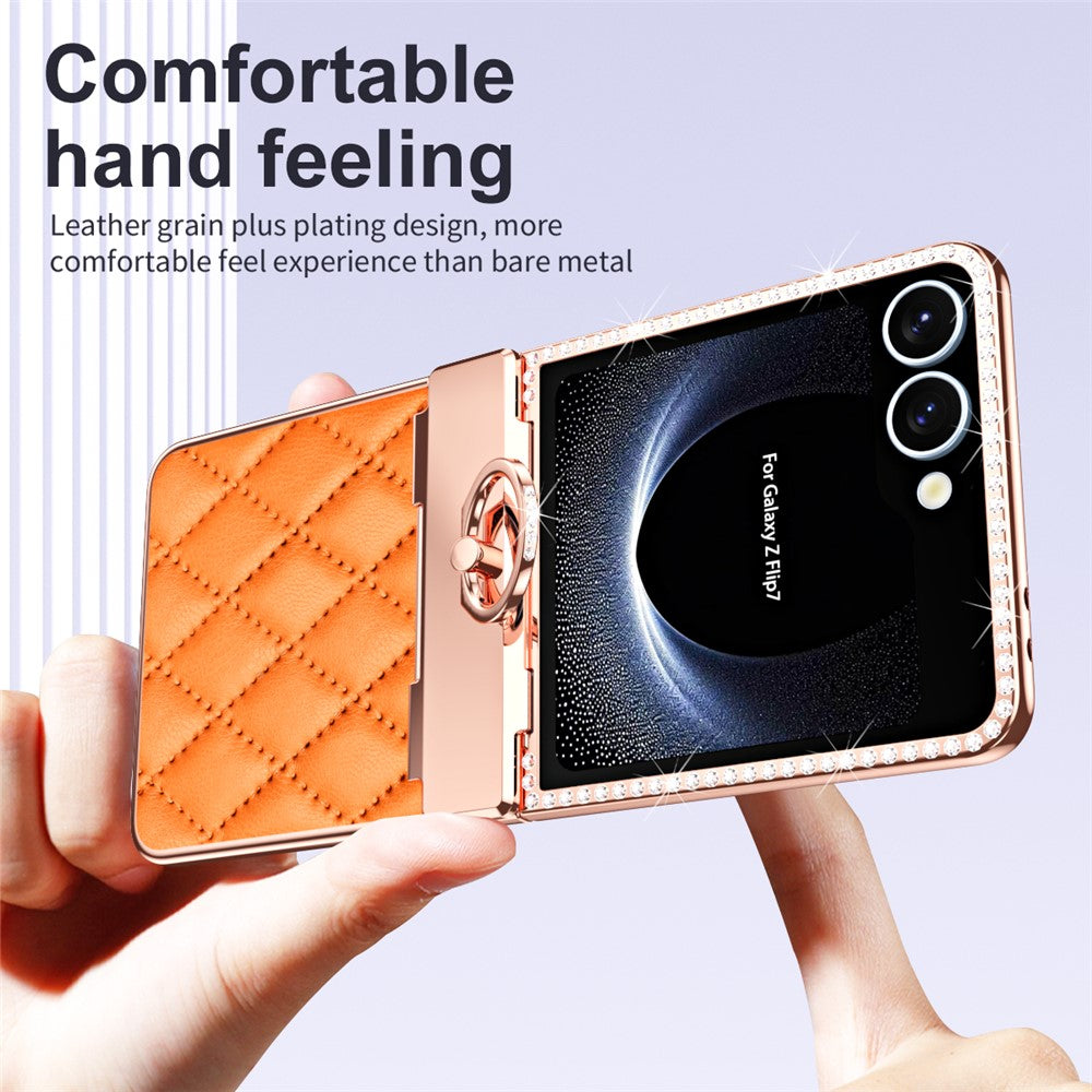 For Samsung Galaxy Z Flip7 5G Case Rhinestone Decoration Ring Holder Rhombus Leather + PC Phone Cover