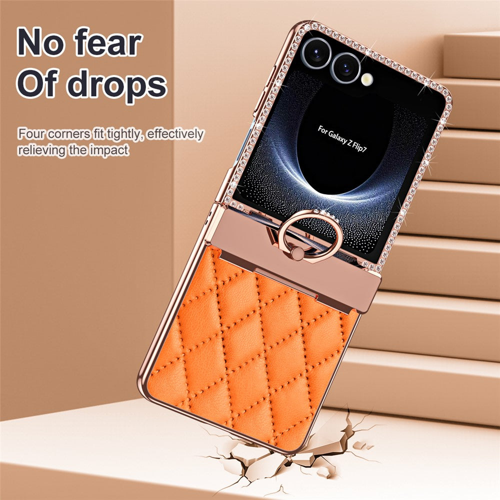 For Samsung Galaxy Z Flip7 5G Case Rhinestone Decoration Ring Holder Rhombus Leather + PC Phone Cover