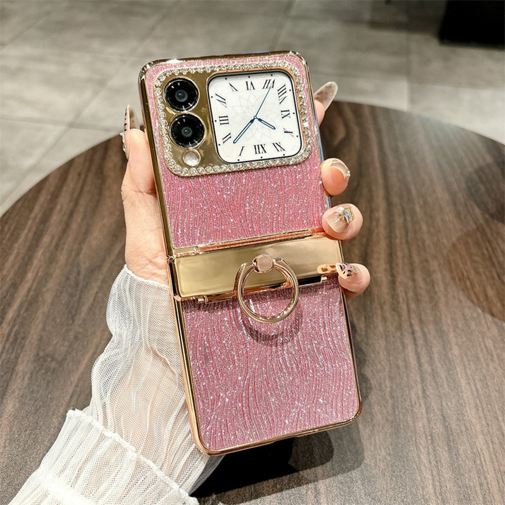 For Huawei nova Flip 5G Case with Ring Holder Ripple Texture Hard PC Electroplating Phone Cover
