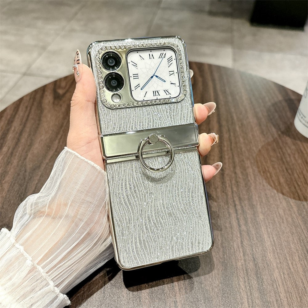 For Huawei nova Flip 5G Case with Ring Holder Ripple Texture Hard PC Electroplating Phone Cover