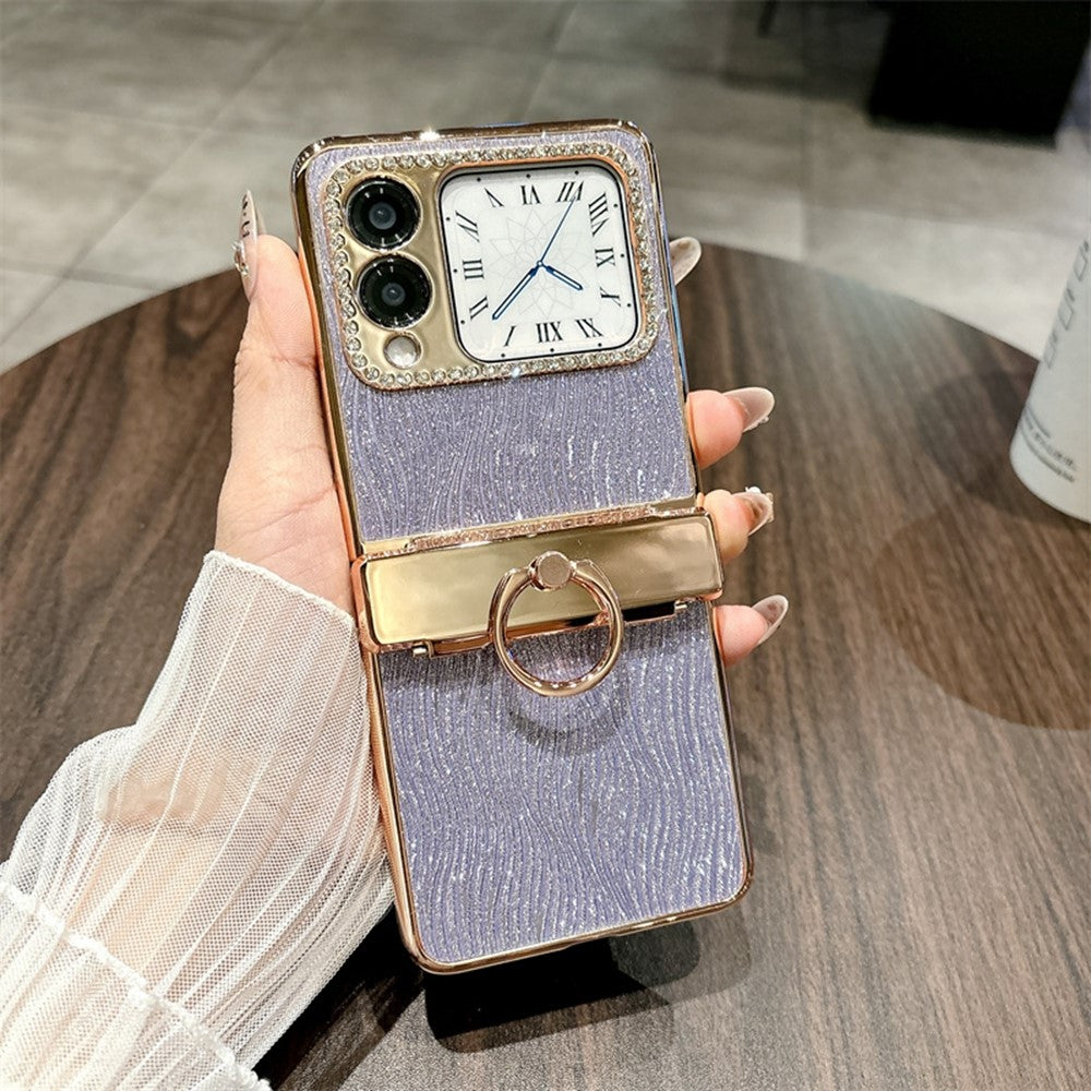 For Huawei nova Flip 5G Case with Ring Holder Ripple Texture Hard PC Electroplating Phone Cover