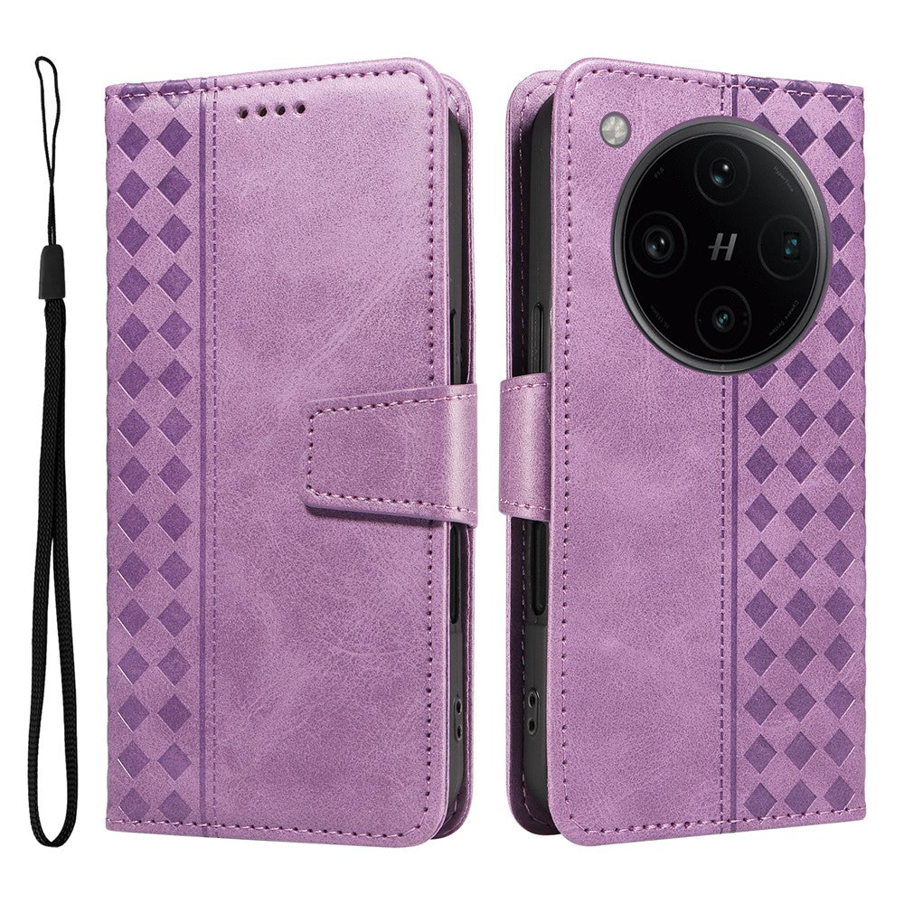 For Oppo Find X8 Pro 5G Leather Case Wallet Stand Grids Imprinted Phone Cover with Strap