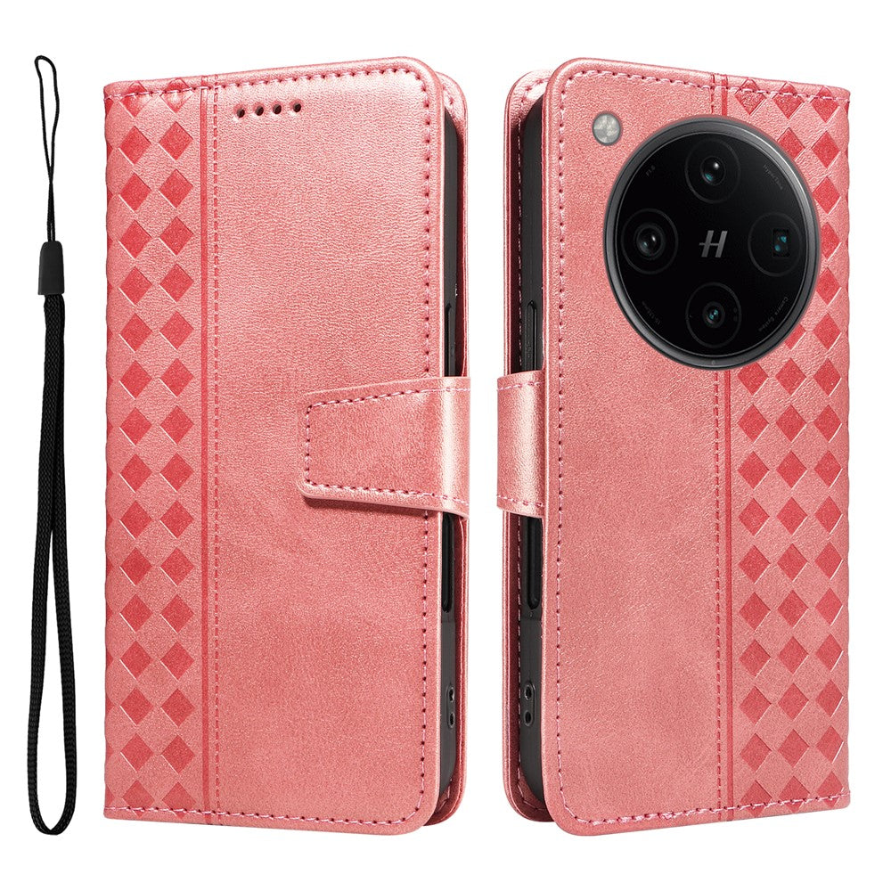 For Oppo Find X8 Pro 5G Leather Case Wallet Stand Grids Imprinted Phone Cover with Strap