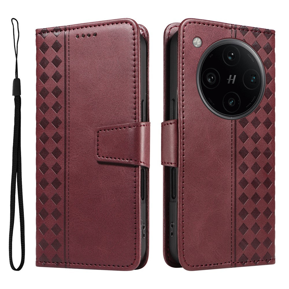 For Oppo Find X8 Pro 5G Leather Case Wallet Stand Grids Imprinted Phone Cover with Strap