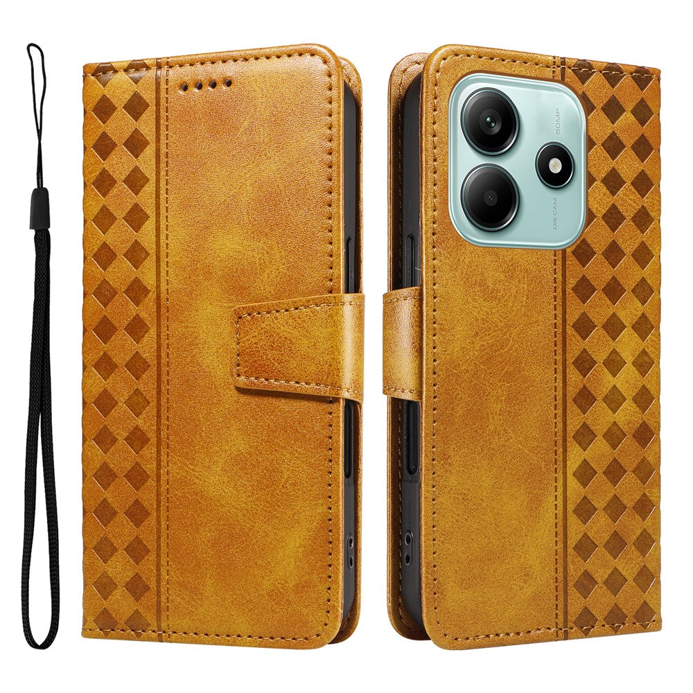 For Xiaomi Poco M7 Pro 5G / Xiaomi Redmi Note 14 5G Leather Case Wallet Stand Grids Imprinted Phone Cover with Strap