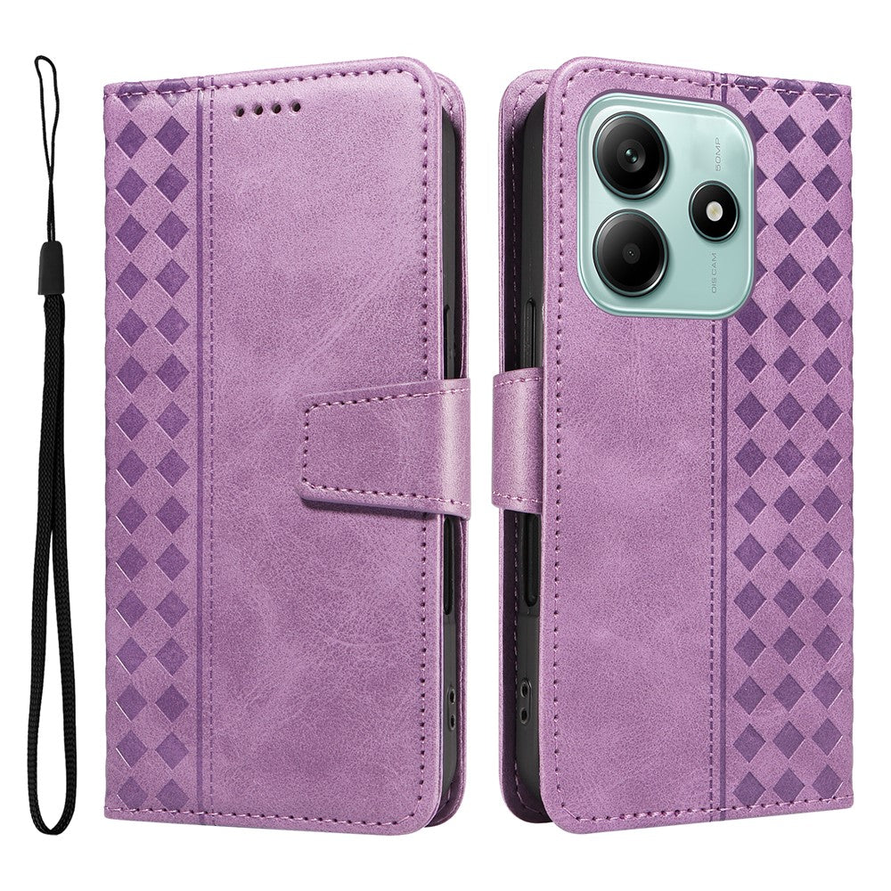 For Xiaomi Poco M7 Pro 5G / Xiaomi Redmi Note 14 5G Leather Case Wallet Stand Grids Imprinted Phone Cover with Strap