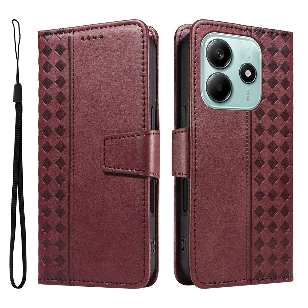 For Xiaomi Poco M7 Pro 5G / Xiaomi Redmi Note 14 5G Leather Case Wallet Stand Grids Imprinted Phone Cover with Strap