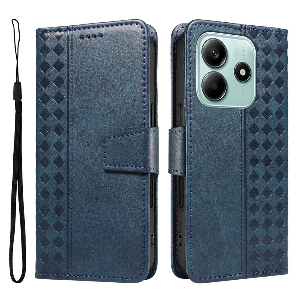 For Xiaomi Poco M7 Pro 5G / Xiaomi Redmi Note 14 5G Leather Case Wallet Stand Grids Imprinted Phone Cover with Strap