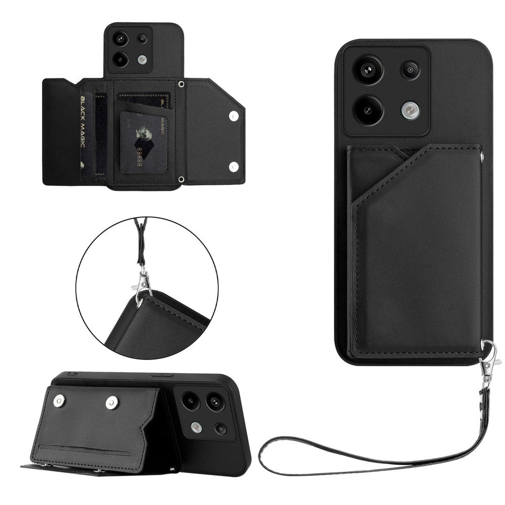 For Xiaomi Poco X6 5G / Xiaomi Redmi Note 13 Pro 5G Case Card Holder Kickstand Skin-Touch Phone Cover with Wrist Strap