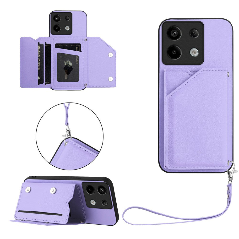 For Xiaomi Poco X6 5G / Xiaomi Redmi Note 13 Pro 5G Case Card Holder Kickstand Skin-Touch Phone Cover with Wrist Strap