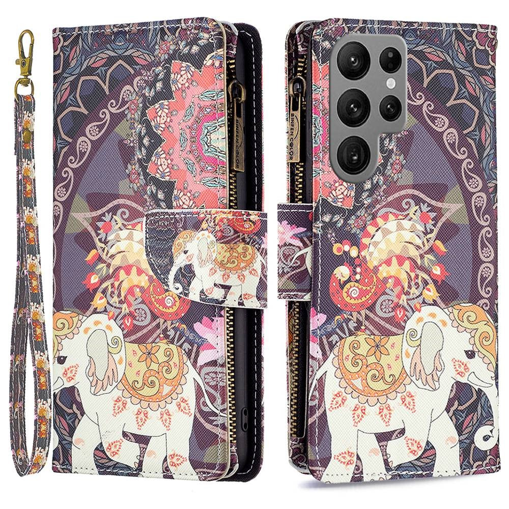 For Samsung Galaxy S23 Ultra Leather Case with Strap Pattern Printing Zipper Wallet Phone Stand Cover