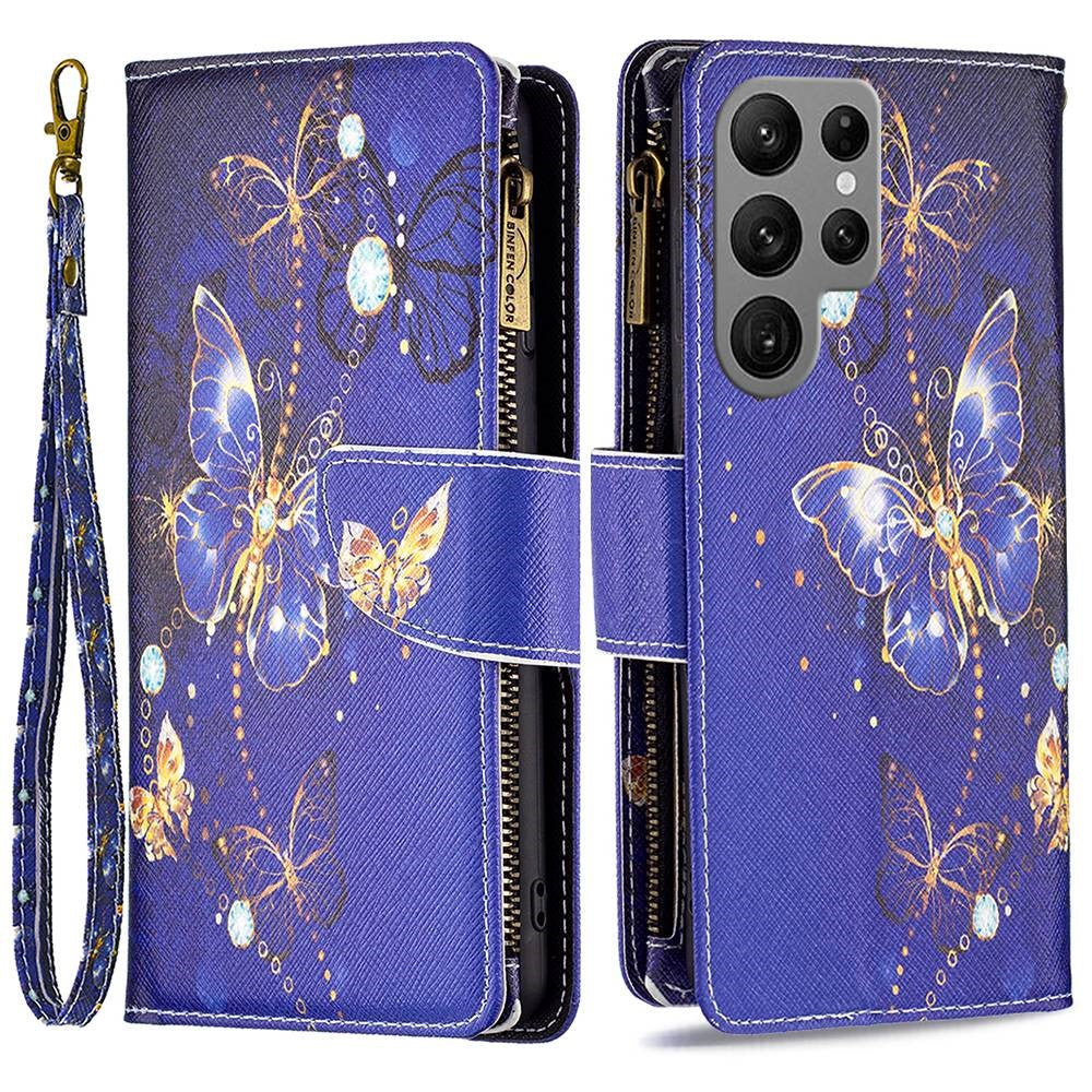 For Samsung Galaxy S23 Ultra Leather Case with Strap Pattern Printing Zipper Wallet Phone Stand Cover