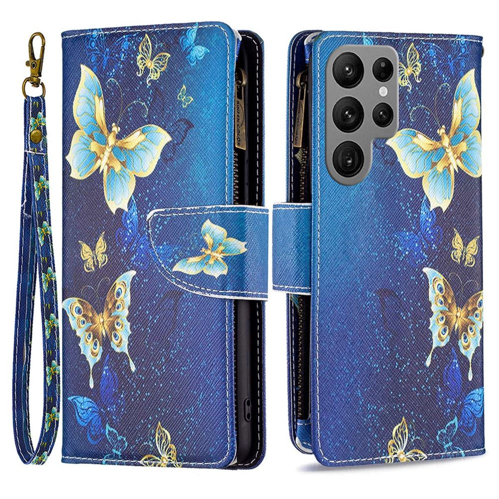 For Samsung Galaxy S23 Ultra Leather Case with Strap Pattern Printing Zipper Wallet Phone Stand Cover