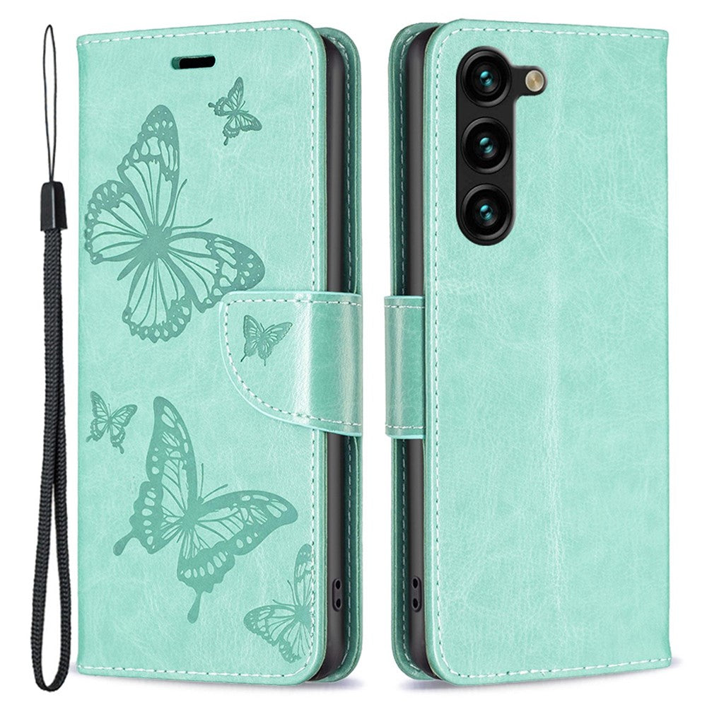 Samsung Galaxy S23+ Plånboksfodral Läderfodral med Tryckta Fjärilar och Rem