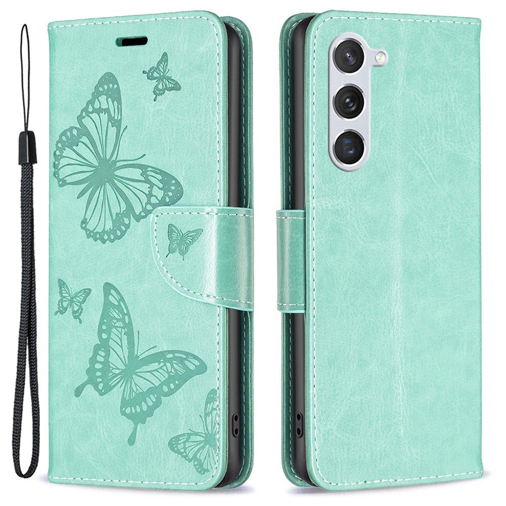 Samsung Galaxy S23 Plånboksfodral Läderfodral med Tryckta Fjärilar och Rem