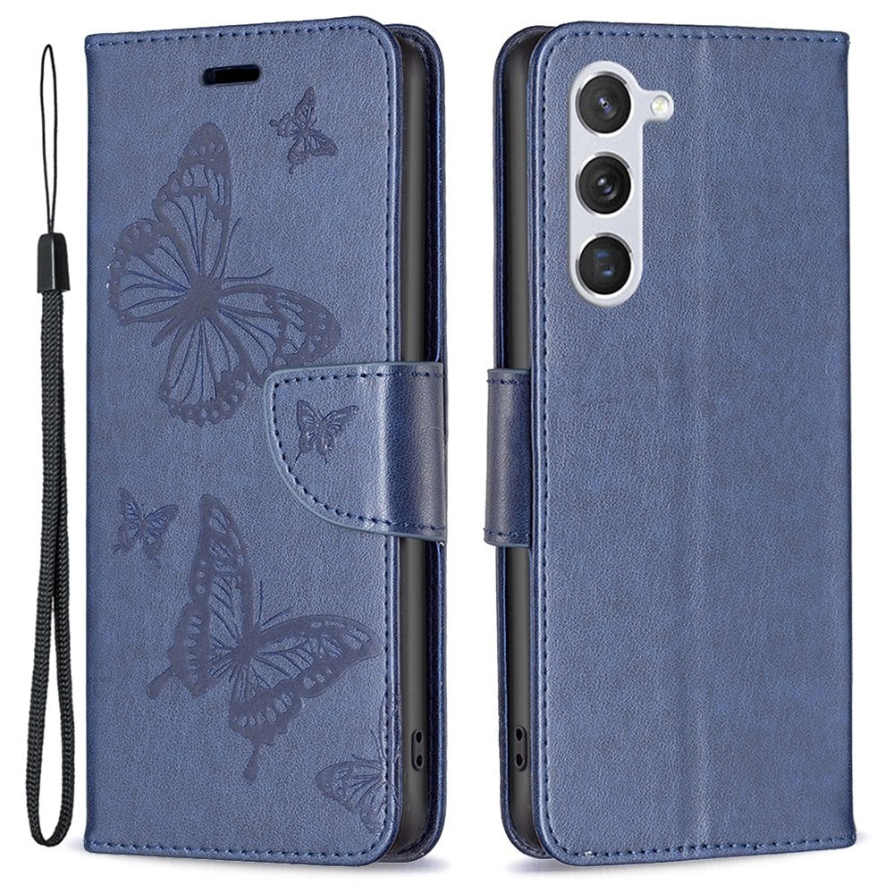 Samsung Galaxy S23 Plånboksfodral Läderfodral med Tryckta Fjärilar och Rem
