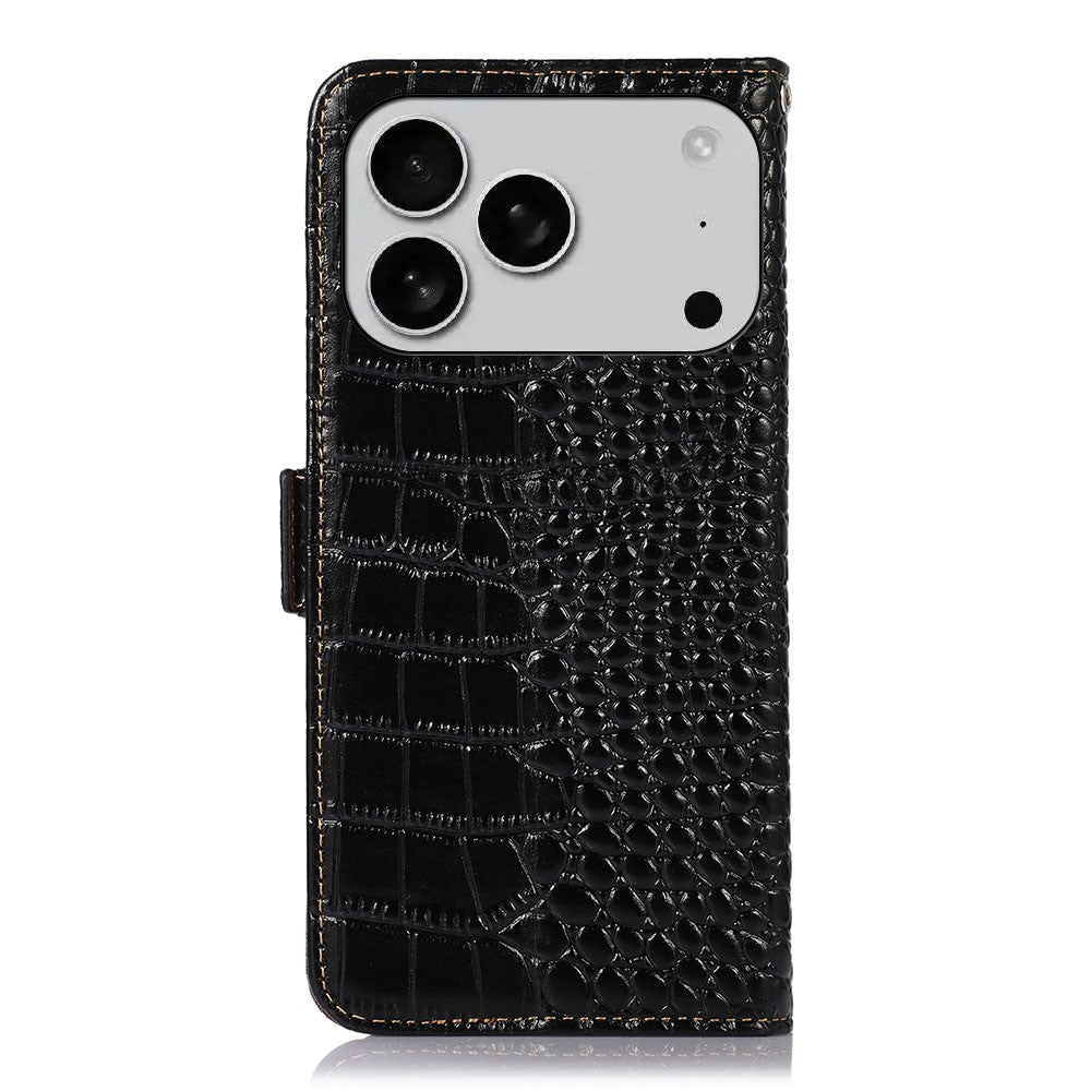 For iPhone 18 Pro Max / 17 Pro Max Case Crocodile Texture Genuine Cow Leather Phone Wallet Cover