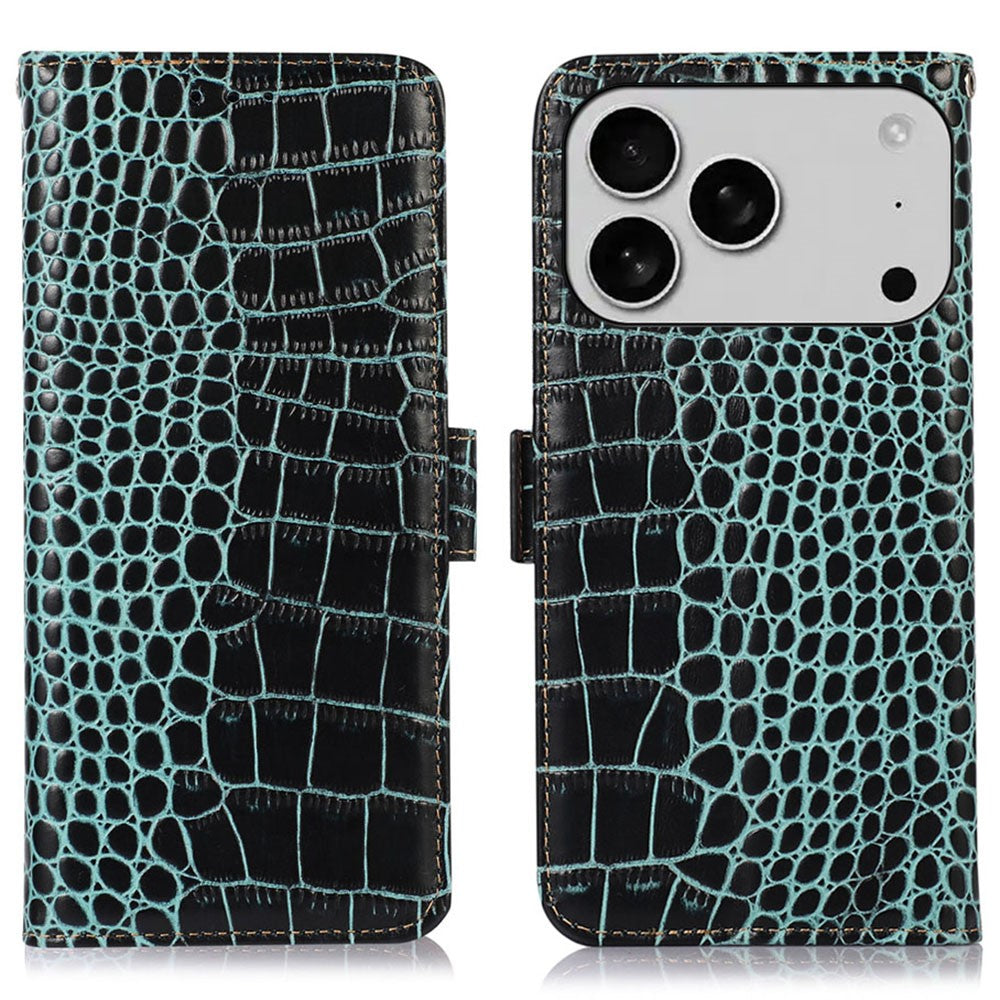For iPhone 18 Pro Max / 17 Pro Max Case Crocodile Texture Genuine Cow Leather Phone Wallet Cover