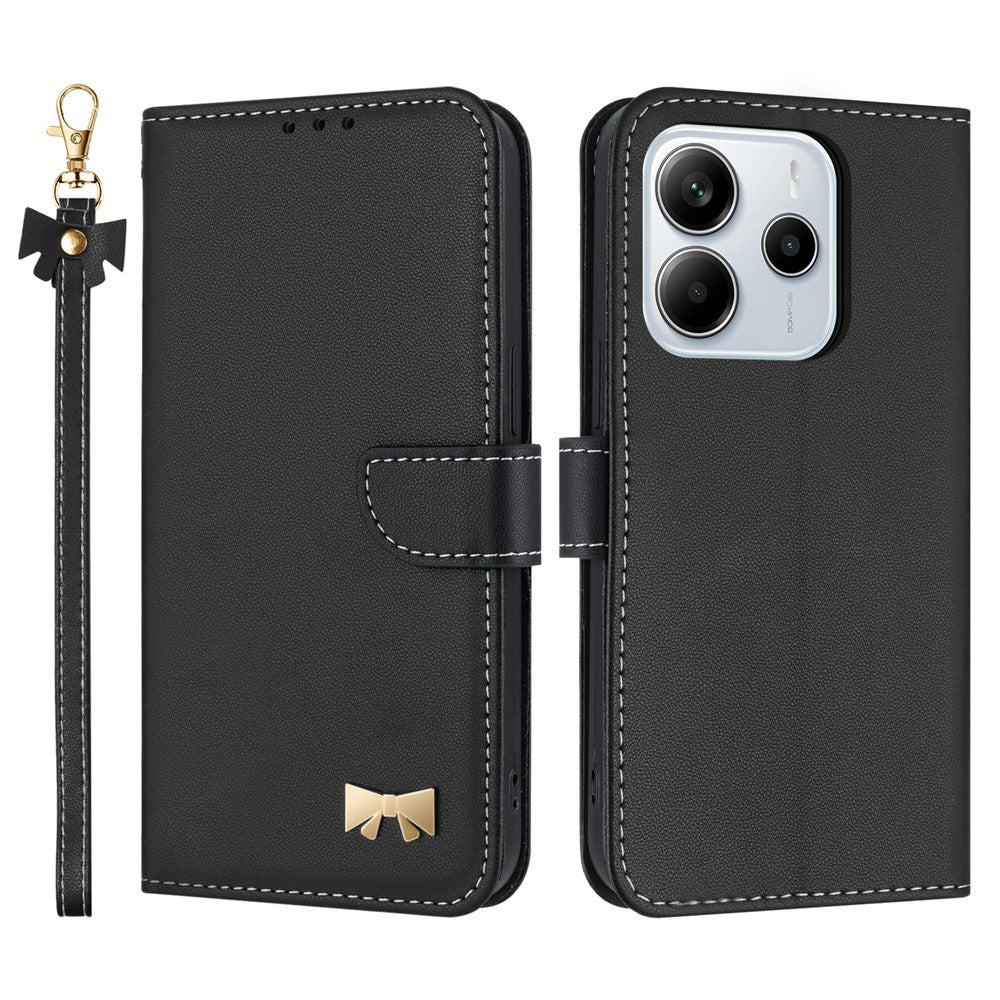 For Xiaomi Redmi Note 14 4G (163.25mm) Case Bowknot Decor Wallet Leather Phone Cover with Wrist Strap