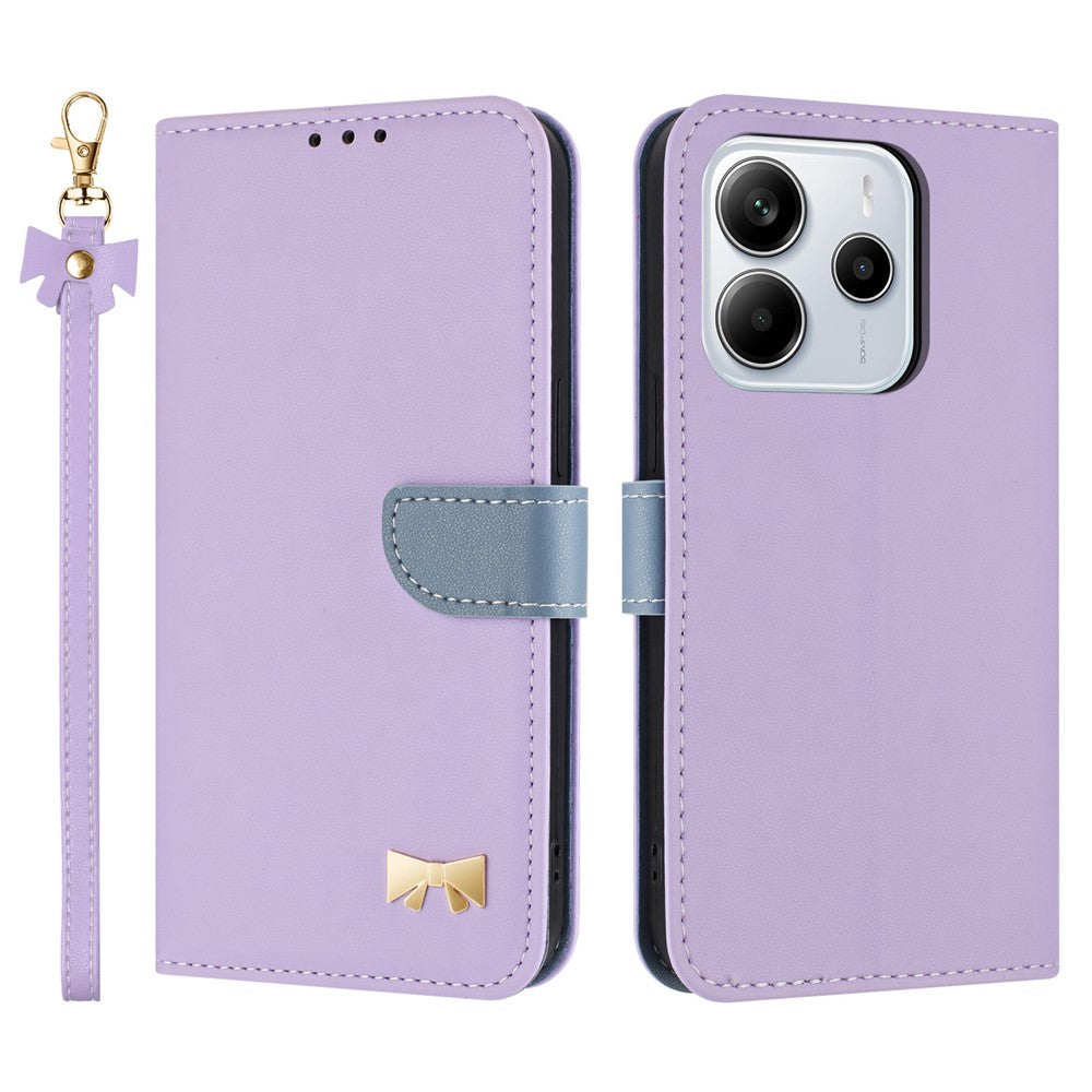 For Xiaomi Redmi Note 14 4G (164.84mm) Case Bowknot Decor Wallet Leather Phone Cover with Wrist Strap