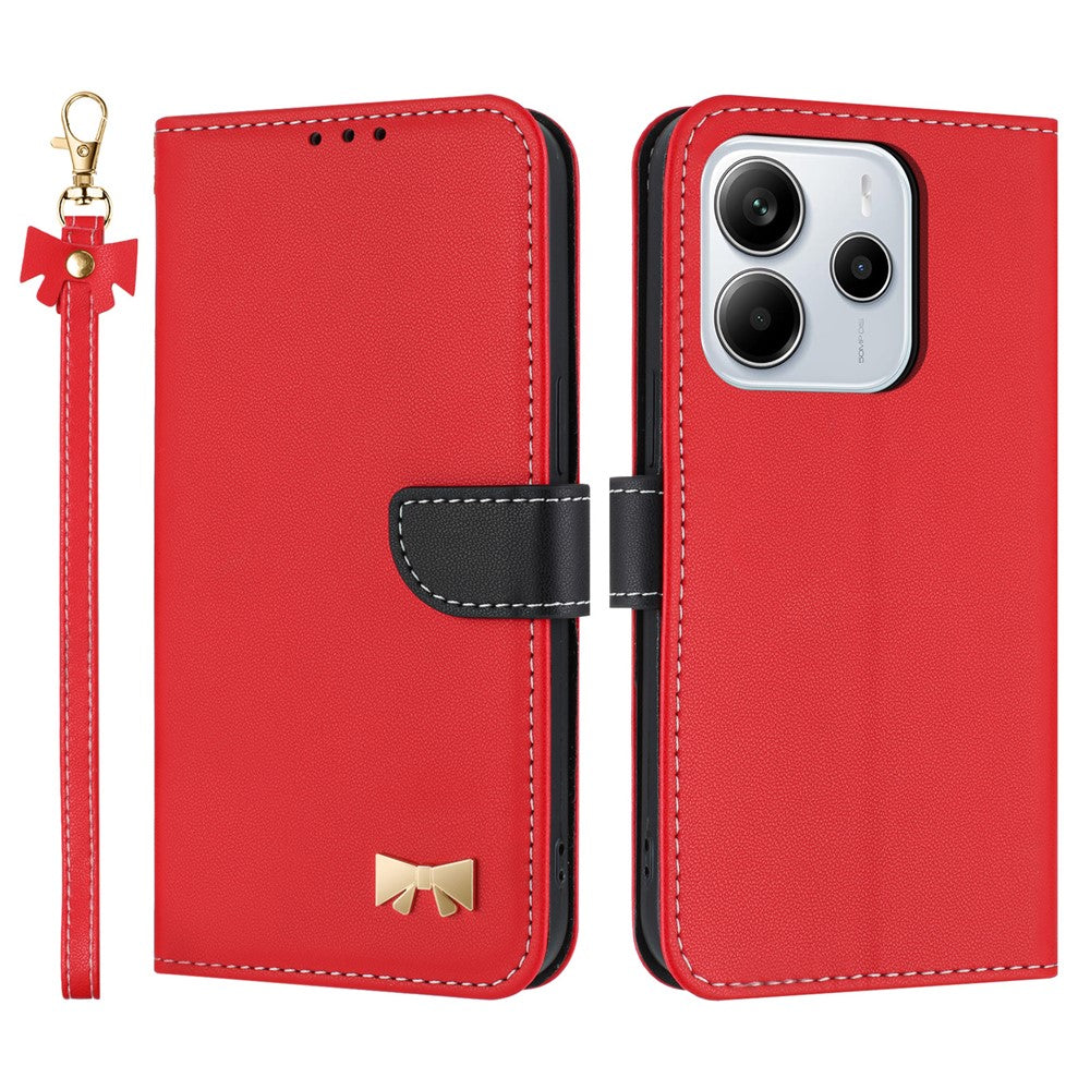 For Xiaomi Redmi Note 14 4G (164.84mm) Case Bowknot Decor Wallet Leather Phone Cover with Wrist Strap