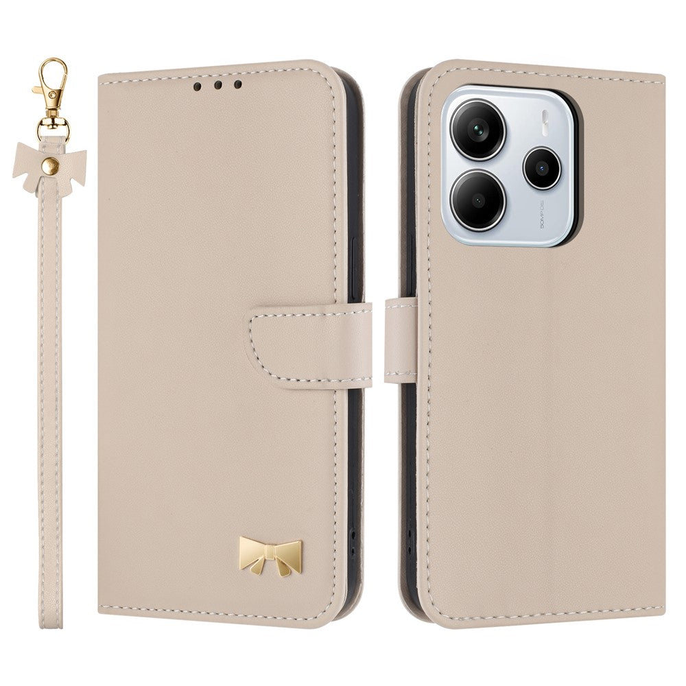 For Xiaomi Redmi Note 14 4G (164.84mm) Case Bowknot Decor Wallet Leather Phone Cover with Wrist Strap