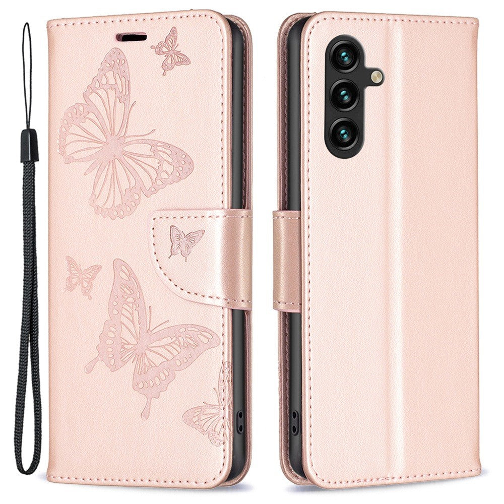 Samsung Galaxy A14 5G / A14 4G Plånboksfodral Läderfodral med Tryckta Fjärilar och Rem