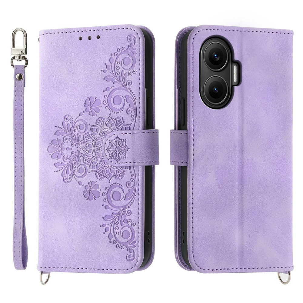 For Xiaomi Poco F7 5G  /  Redmi Turbo 4 Pro 5G Case Flower Pattern PU Leather Wallet Phone Cover with Strap