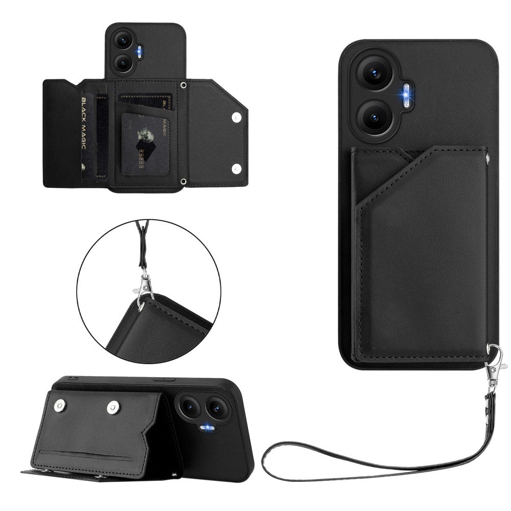 For Xiaomi Poco F7 5G / Redmi Turbo 4 Pro 5G Case Card Holder Kickstand Skin-Touch Phone Cover with Wrist Strap