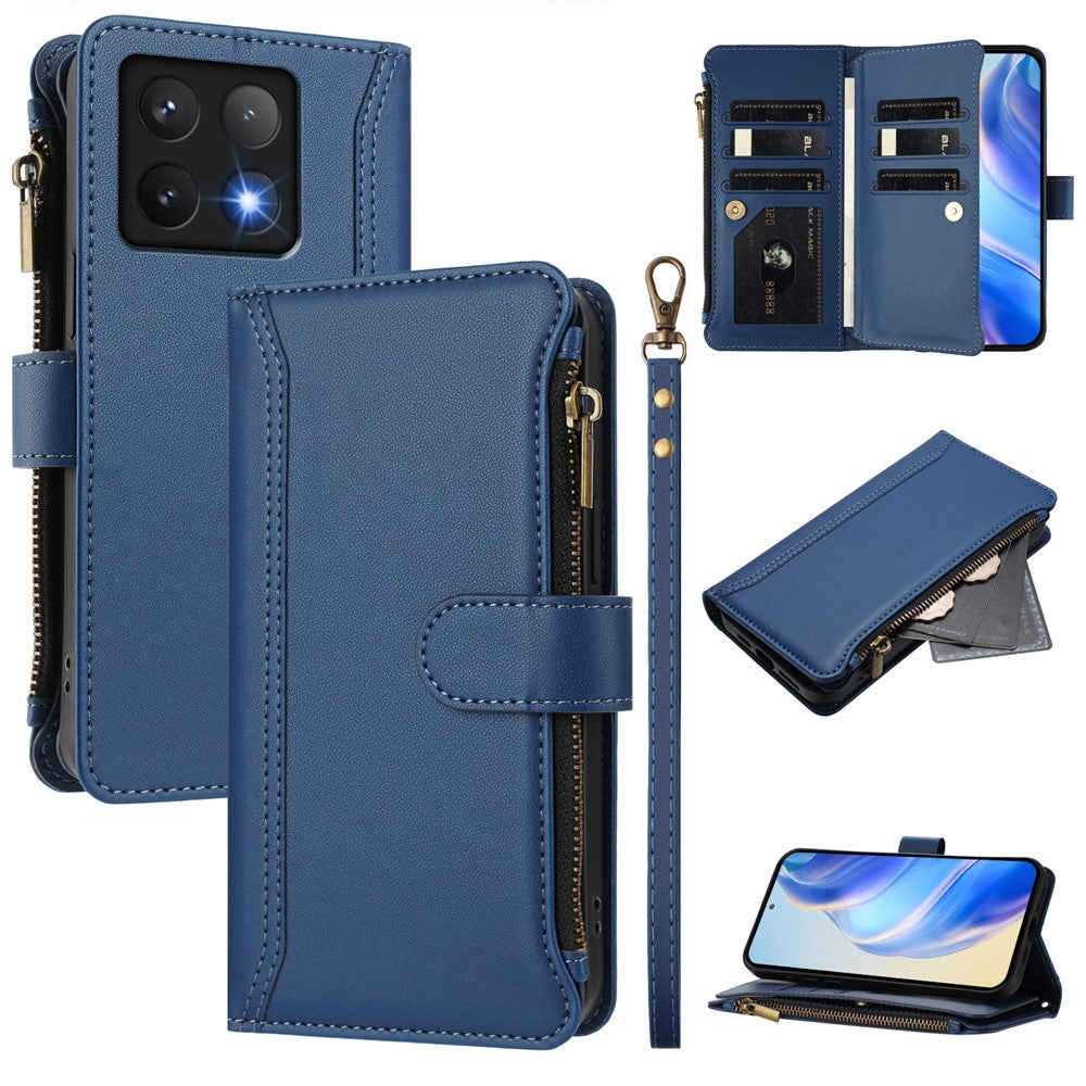 For Xiaomi 14T Leather Case 9 Card Slots Zipper Wallet Stand Phone Cover with Wrist Strap