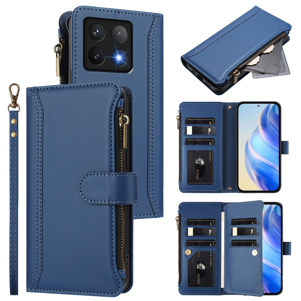 For Xiaomi 14T Leather Case 9 Card Slots Zipper Wallet Stand Phone Cover with Wrist Strap